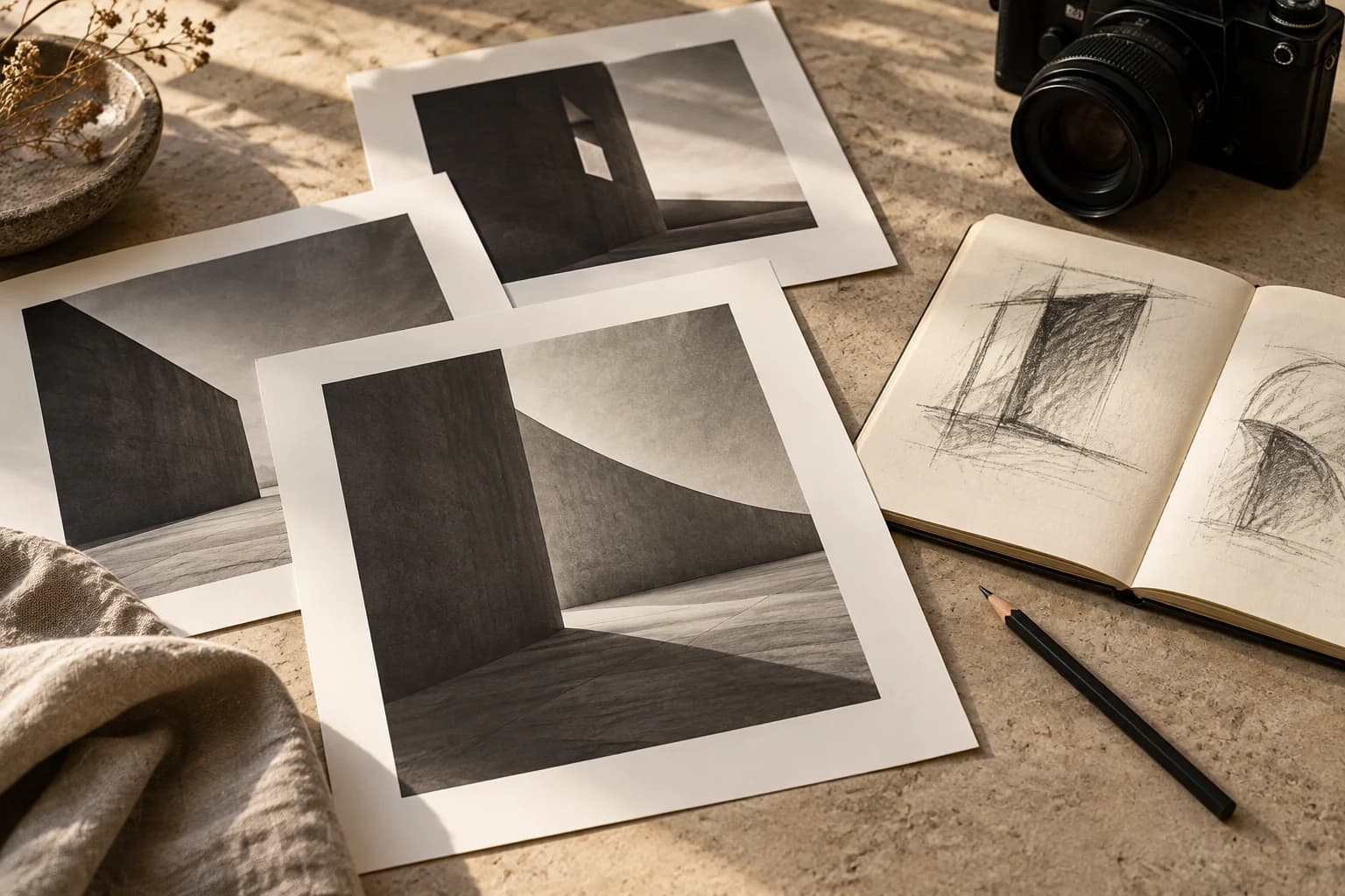 Photographic prints, a sketchbook, and a camera on a studio table