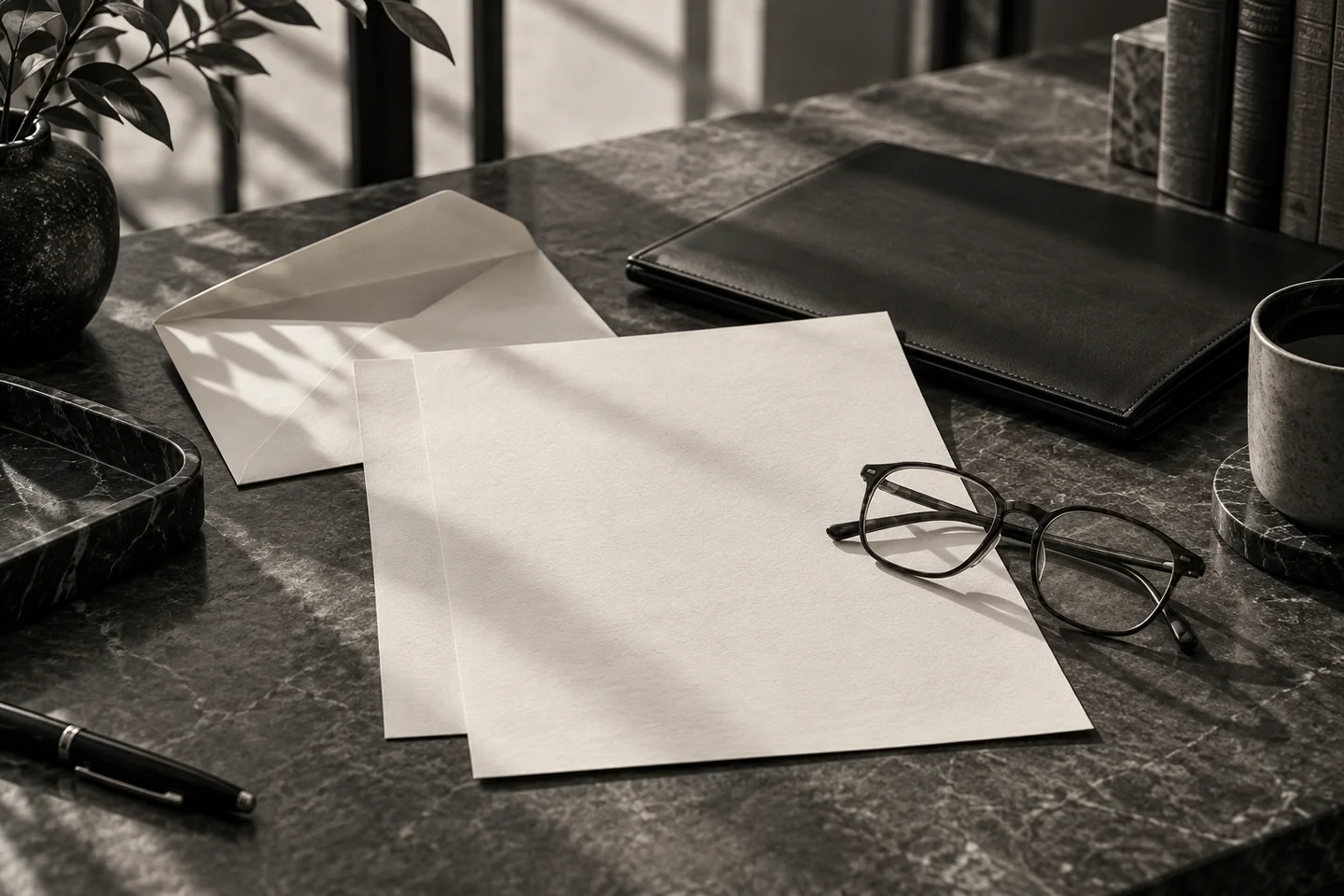 Conceptual still life of a letter, an envelope, glasses, and a black document folder